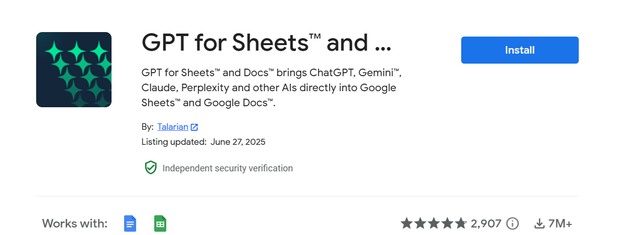 ChatGPT for Sheets and Docs - Google Sheets AI Data Analysis
